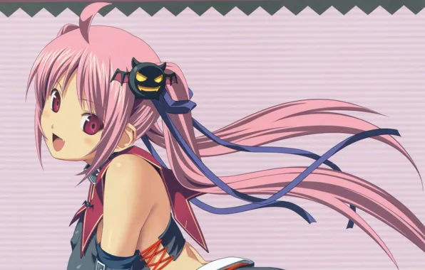 Picture collar, bat, demoness, bangs, lacing, bandeau, pink hair, striped background, by koutaro