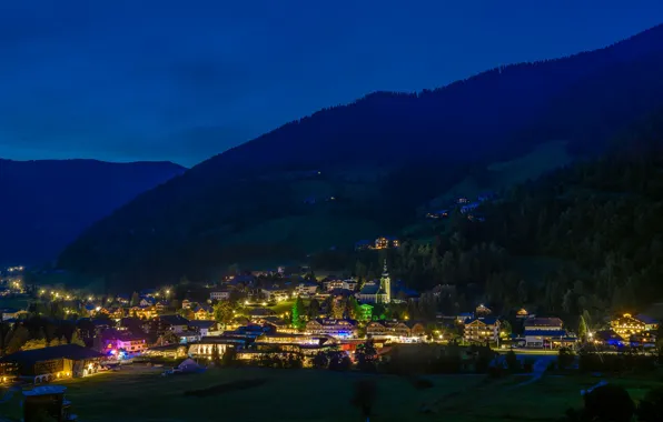 Picture forest, the sky, trees, mountains, night, lights, home, Austria, valley, town, Bad Kleinkirchheim, Carinthia