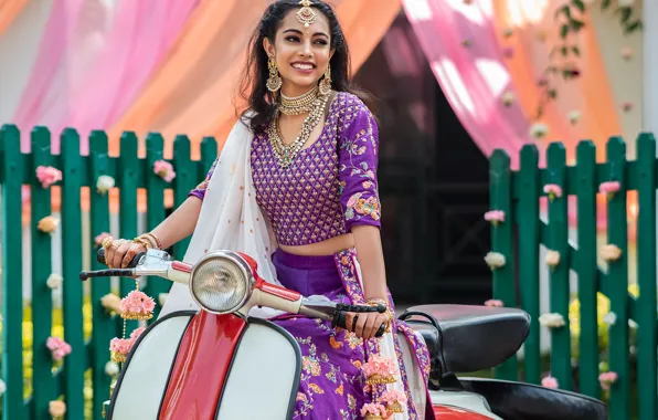 Picture girl, model, beauty, indian, scooter, traditional dress