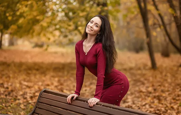 Picture leaves, model, pretty, dress red, A Diakov George