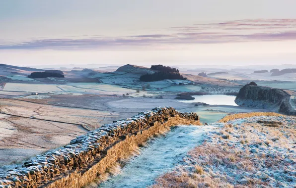 Picture wall, hills, England, ruins, Hadrian's Wall