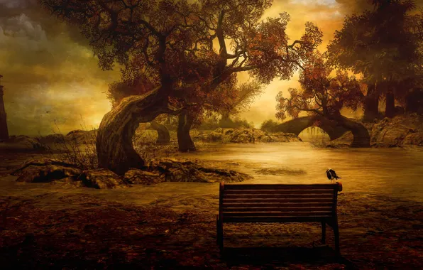Picture autumn, the sky, clouds, trees, landscape, sunset, bench, birds, branches, nature, pond, Park, stones, rendering, …