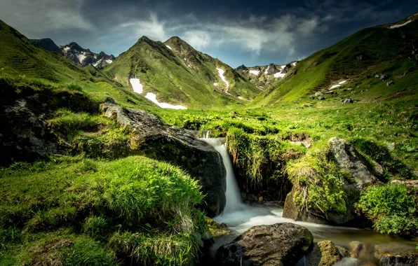 Picture stones, hills, France, waterfall