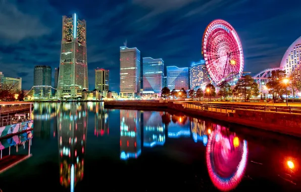 Picture Ferris wheel, Tokyo, Japan, the reflection in the water, night city lights