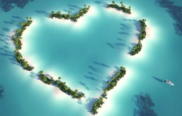 Picture Islands, palm trees, the ocean, boat, heart, group, top, The Maldives, from above