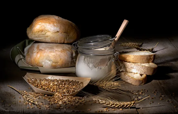 Picture wheat, food, bread, Bank, black background, still life, items, grain, composition, flour