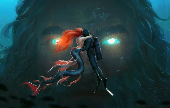 Picture mermaid, the diver, red hair, red hair, under water, underwater, Poseidon, deity, hug, mermaid, fantasy …