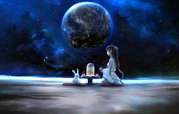 Picture girl, space, The moon, rabbit, fantasy, Earth, the tea party, by 00