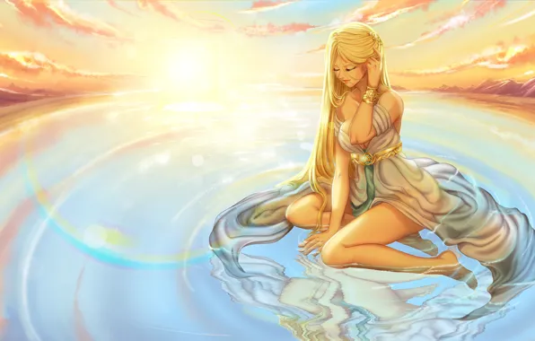 Picture water, girl, sunset, The Legend of Zelda: Breath of the Wild, circles on the water