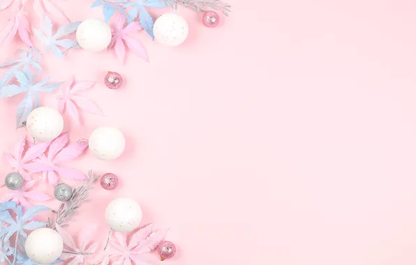 Picture leaves, background, pink, holiday, color, Christmas, New year, twigs, composition, Christmas tree balls