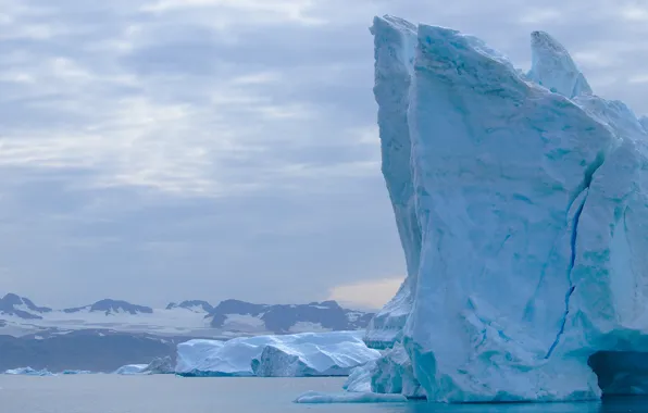 Picture cold, winter, sea, snow, mountains, shore, ice, iceberg, floe, lump, Greenland