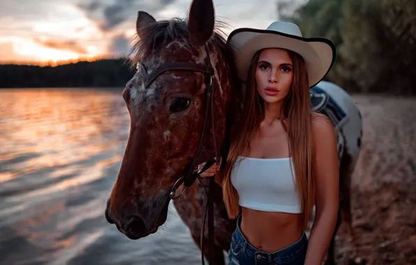 Picture look, nature, sexy, pose, river, model, horse, shorts, portrait, the evening, hat, makeup, Mike, figure, …