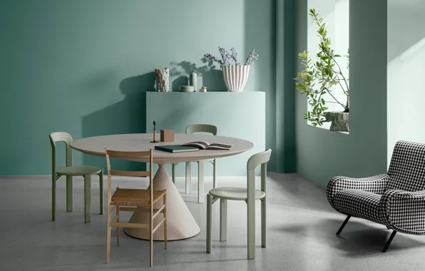 Picture design, style, room, interior, dining room, pastel colors, сплошной светло-зеленый