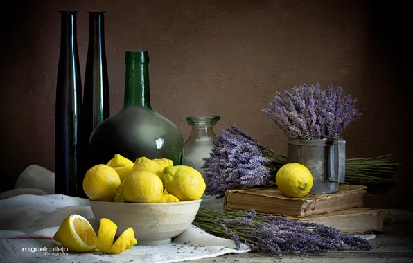 Picture bottle, still life, lemons, lavender
