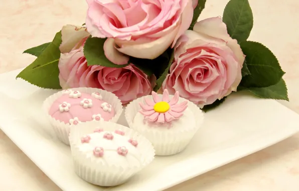 Picture roses, bouquet, dessert, cakes, cupcakes, cupcakes