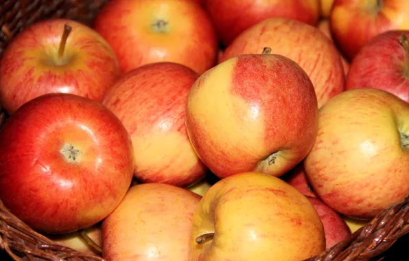 Picture close-up, apples, fruit, basket, a lot, red-yellow