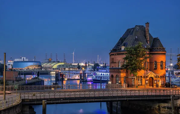Picture night, bridge, the city, house, river, the building, Germany, Hamburg, ships