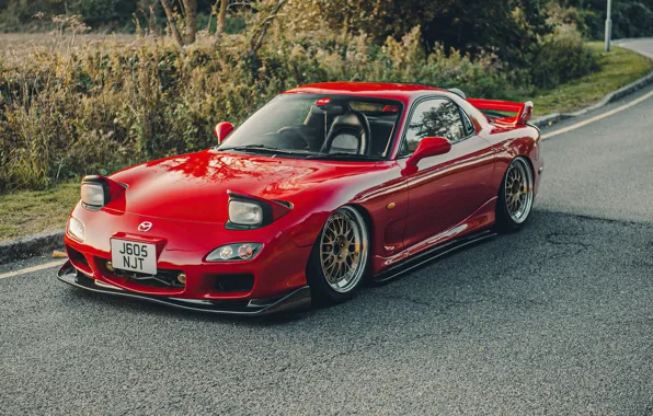 Picture road, car, machine, grass, tuning, Mazda, drives, red car, tuning, wheel, RX-7, Mazda RX-7, red …