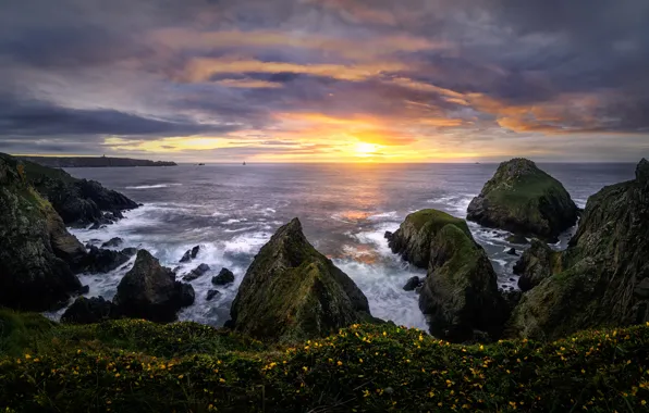 Picture sea, the sun, landscape, sunset, nature, rocks, shore, France, Brittany