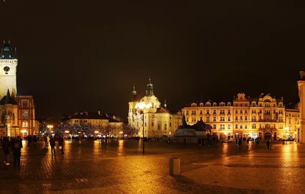 Picture photo, Home, Night, The city, Prague, Czech Republic, Square, Prague, Street lights, Town square