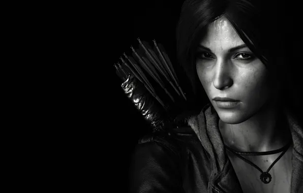 Picture lara croft, tomb raider, face, black and white, look, bow, arrows, dark hair, jacket, sight