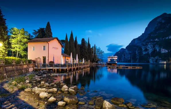 Picture trees, landscape, mountains, lake, stones, ship, Marina, Italy, Bank, Garda