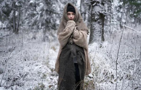 Picture cold, forest, girl, snow, shawl, Alexey Sinyavsky