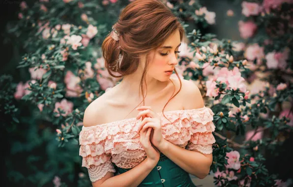 Picture girl, flowers, branches, nature, neckline, profile, brown hair, shoulders, Olga Boyko