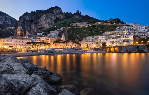Picture mountains, the city, rocks, building, home, the evening, lighting, Italy, Amalfi, Frank Fischbach