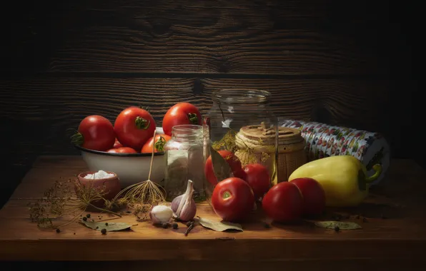 Picture the dark background, table, Board, dill, Bank, dishes, cover, pepper, still life, tomatoes, items, garlic, …