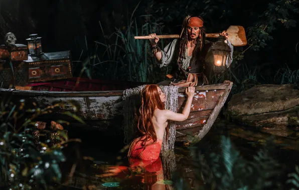 Picture girl, boat, mermaid, fantasy, lantern, male, Jack Sparrow, paddle, Александра Савенкова