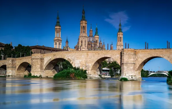 Picture bridge, river, temple, Spain, Spain, Zaragoza, Zaragoza, Stone bridge, The River Ebro, Ebro River, Stone …