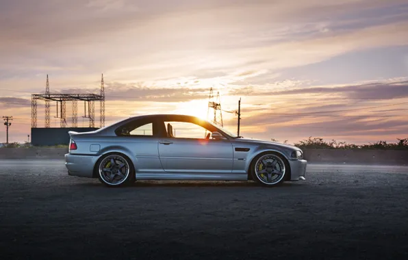 Picture bmw, silver, sunset, clouds, e46