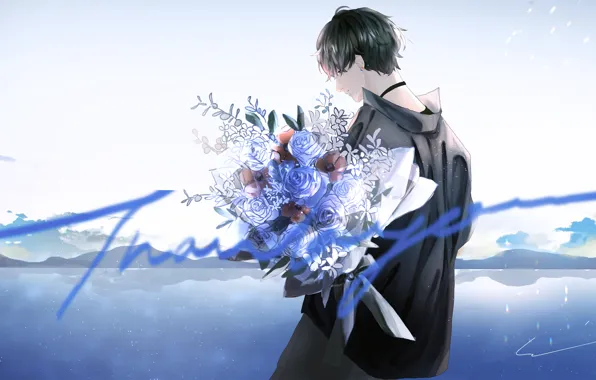 Picture the sky, flowers, roses, bouquet, guy, by 世