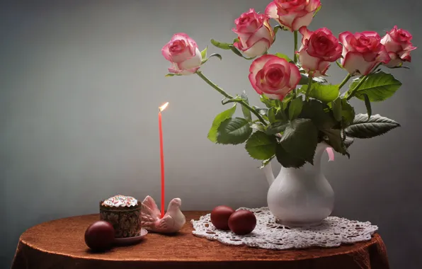 Picture flowers, table, holiday, dove, roses, candle, eggs, Easter, pitcher, still life, cake, candle holder, napkin, …