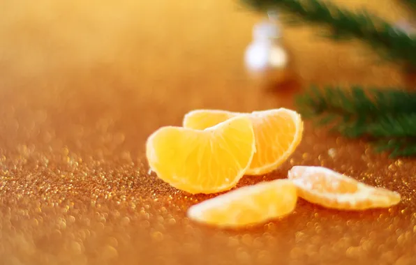 Picture branches, table, Shine, blur, Christmas, New year, needles, slices, bokeh, tangerines, Christmas tree ball