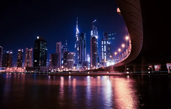 Picture water, night, bridge, lights, skyscrapers, Dubai, Dubai, Arab Emirates, Arab Emirates, Alpha Tower