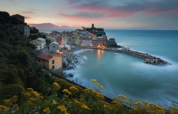 Picture sea, landscape, mountains, the city, home, morning, Italy, Vernazza, Cinque Terre, Liguria