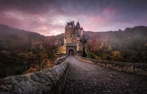 Picture autumn, forest, clouds, bridge, castle, Germany, bridge, stone, ELTZ