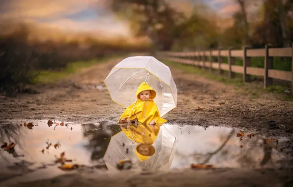 Picture rain, umbrella, puddle, child