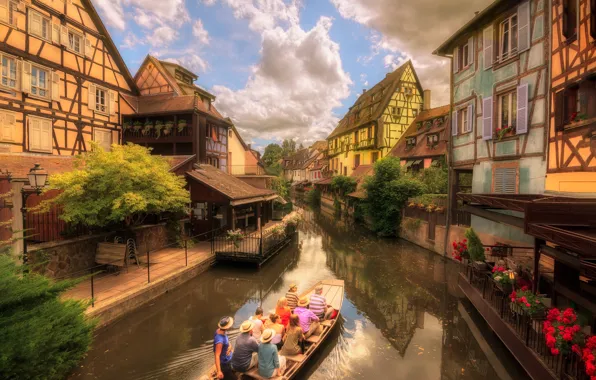 Picture the city, boat, France, home, channel, tourists, Colmar