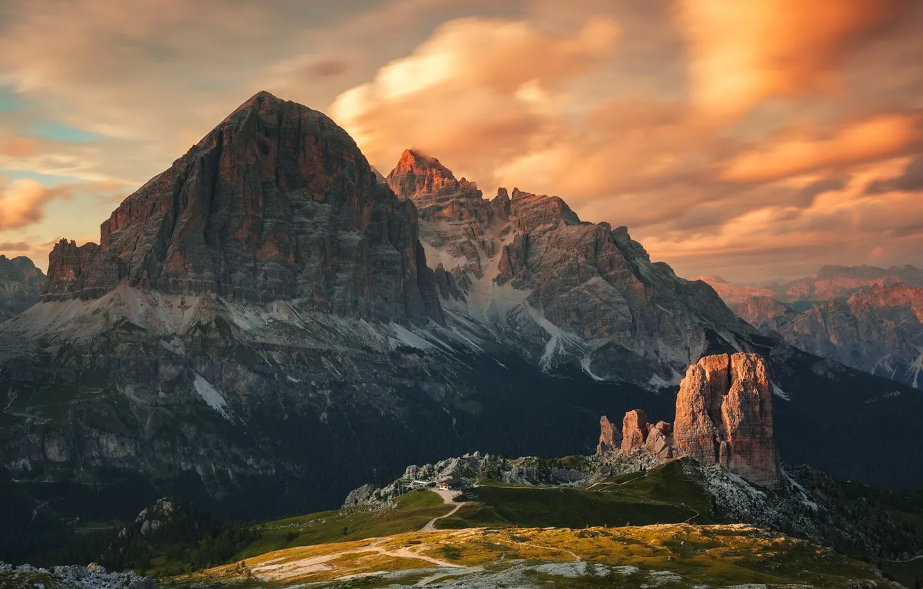 Photo wallpaper clouds, landscape, sunset, mountains, nature, Italy, The Dolomites, Cinque Torri, Ioan Ovidiu Lazar