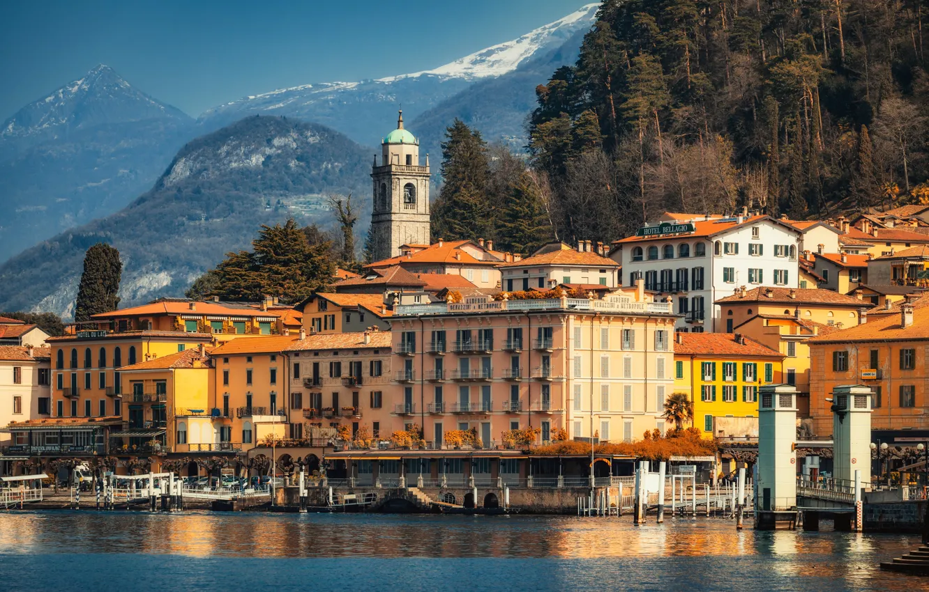 Photo wallpaper trees, lake, building, tower, home, Italy, Italy, Bellagio, Lombardy, Lombardy, Lake Como, Bellagio, Lake Como, …