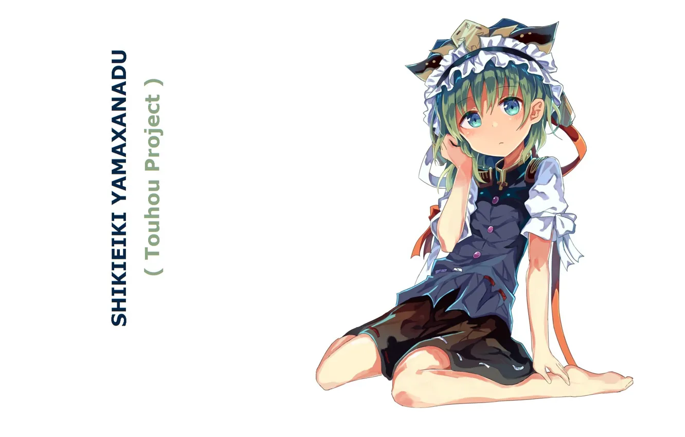 Wallpaper Hat White Background Blue Eyes Art Green Hair Barefoot Touhou Project Project East Sitting On My Lap Shikieiki Yamaxanadu To Den Images For Desktop Section Igry Download