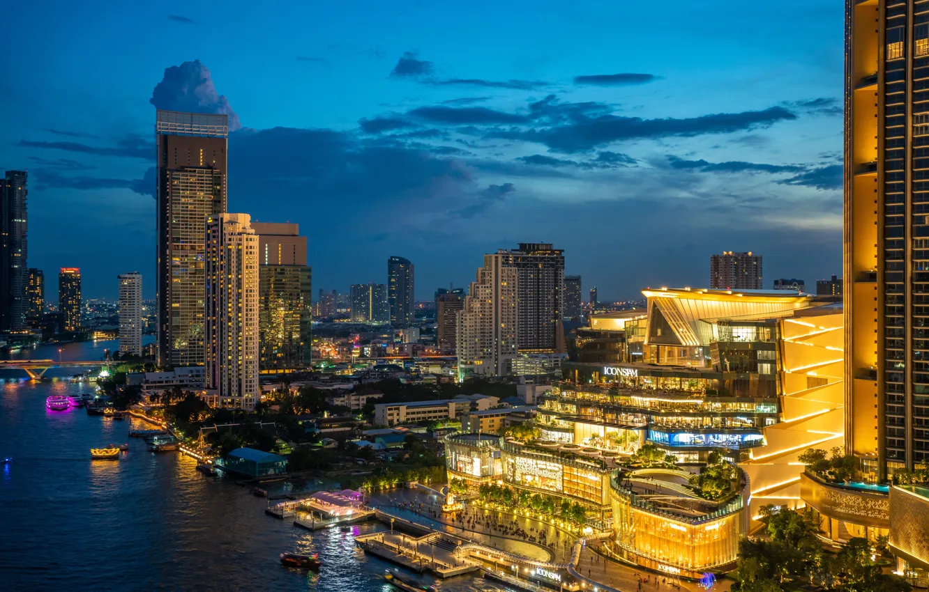 Photo wallpaper river, building, Thailand, Bangkok, Thailand, night city, skyscrapers, Bangkok, Chao Phraya River, The Chao Phraya …
