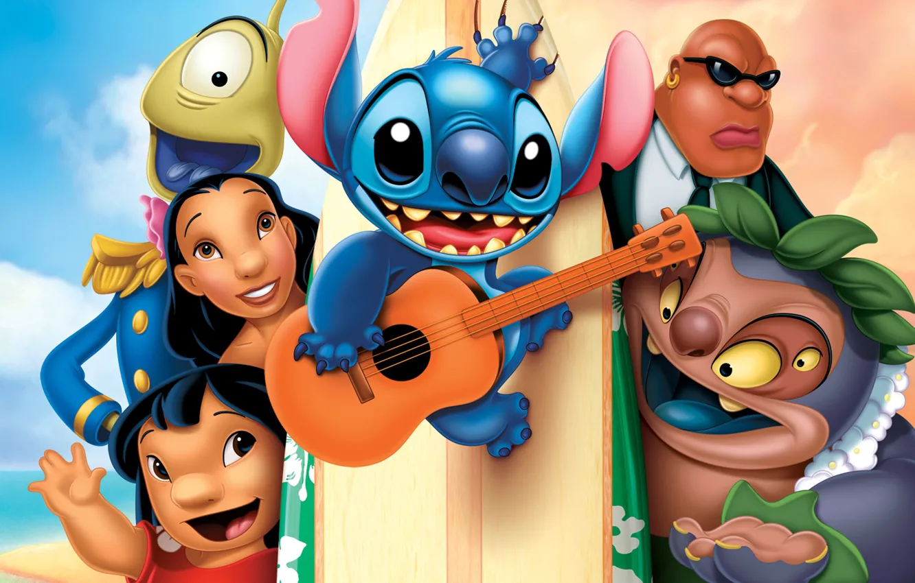 Wallpaper Guitar, Surfing, Cartoon, Cartoon, Lilo and Stitch, Lilo And  Stitch, Animated Movie, Animation images for desktop, section фильмы -  download