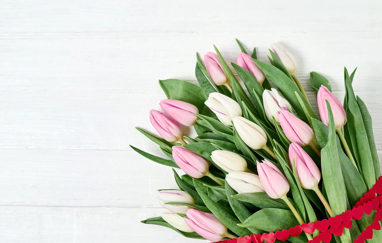 Photo wallpaper flowers, bouquet, tape, tulips, pink, wood, pink, flowers, beautiful, romantic, tulips, spring
