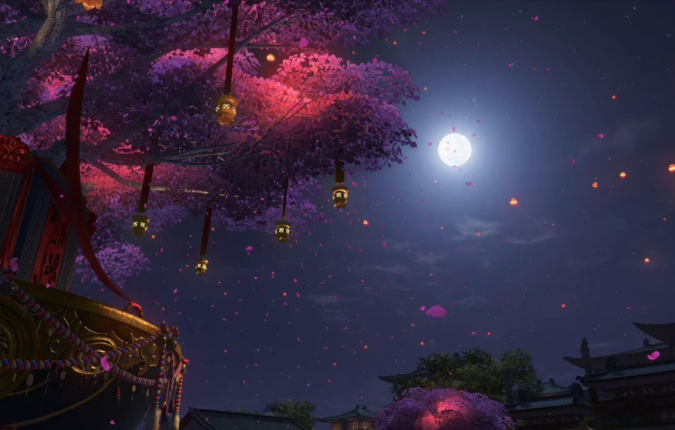 Photo wallpaper trees, night, the moon, home, Sakura, lanterns, flowering, by Hy vọng