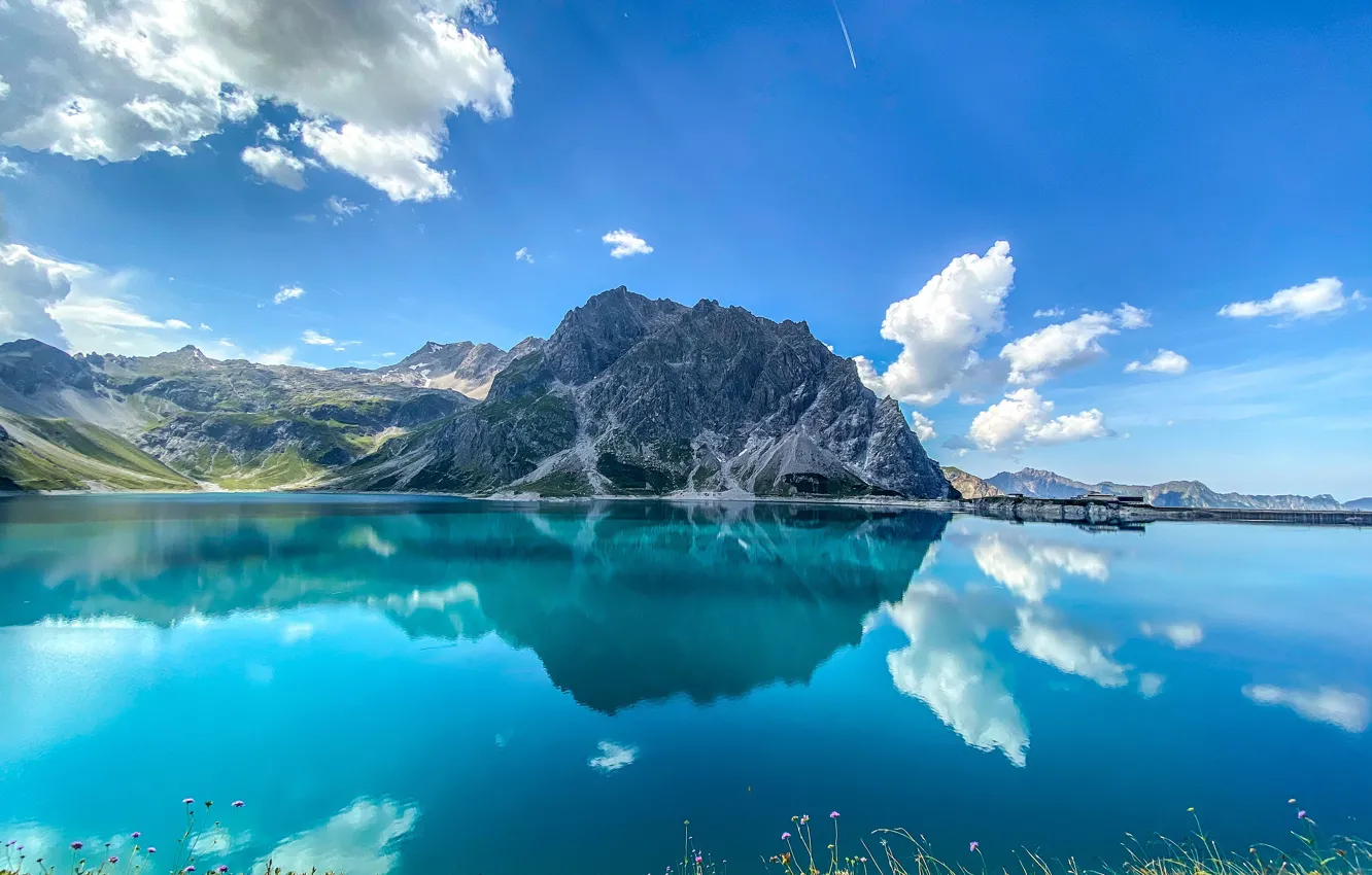 Photo wallpaper mountains, lake, reflection, Austria, Alps, Austria, Alps, Lüner Lake, Lake Lunersee, Luenersee