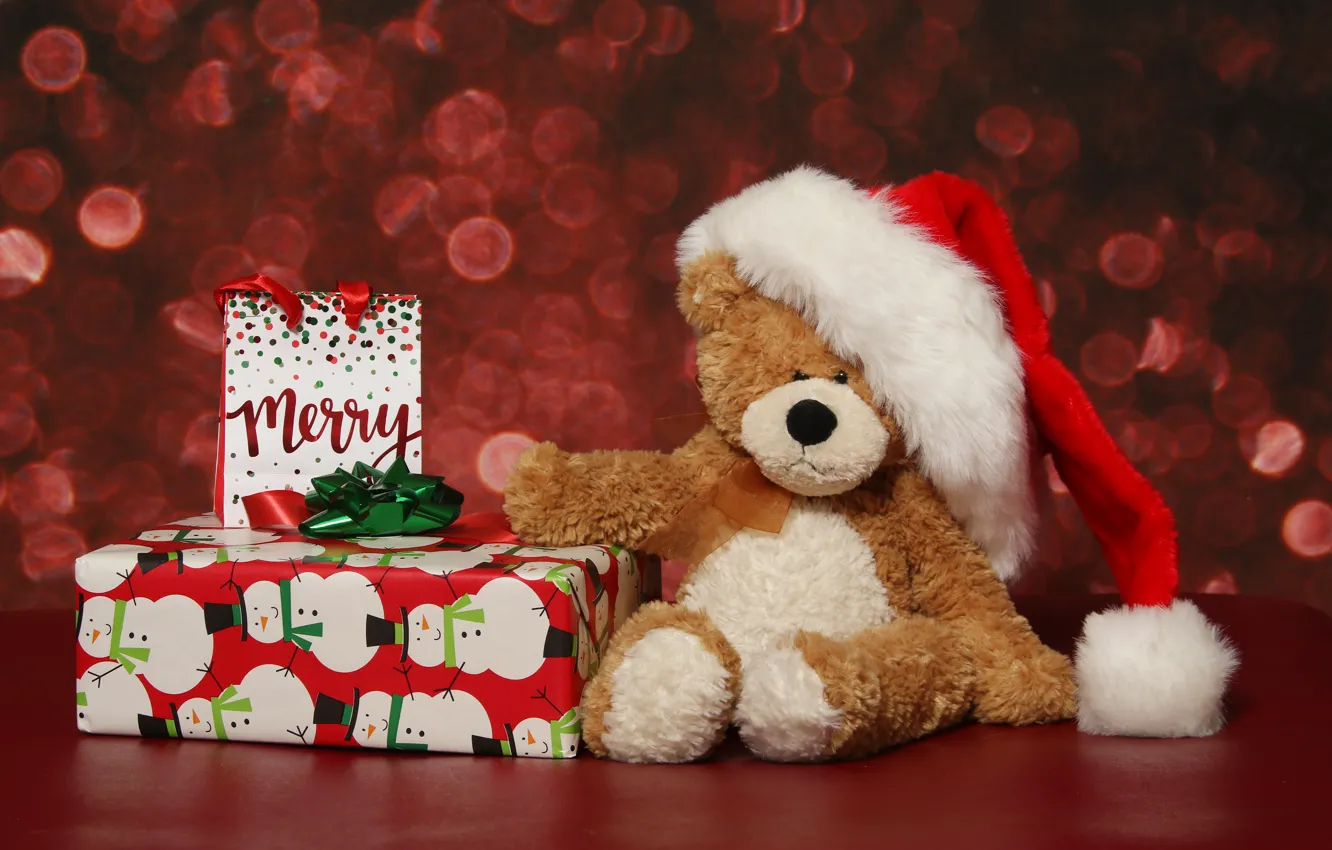 Wallpaper winter, holiday, box, gift, toy, bear, Christmas, bear, New year,  plush, bow, red background, Teddy, bokeh, Christmas decorations, the Santa  hat images for desktop, section новый год - download